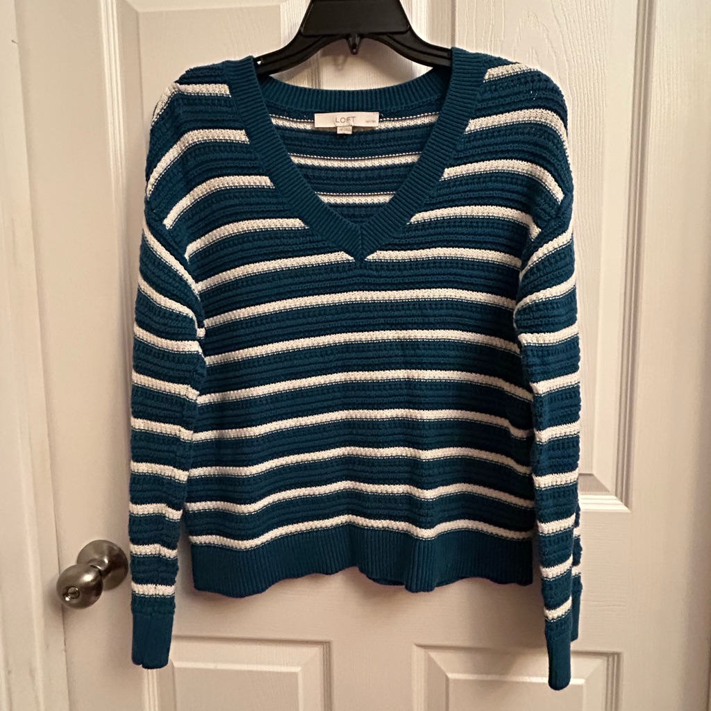 Loft Teal And White Striped V-Neck Sweater